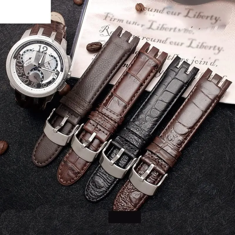 : 21mm) Genuine Leather Watch Bracelet for Swatch YRS403 412 402G Watch Band 21mm watchband grid flier craft dive literary Men Curved end Watches Strap (Color : Plain Brown, Size 
