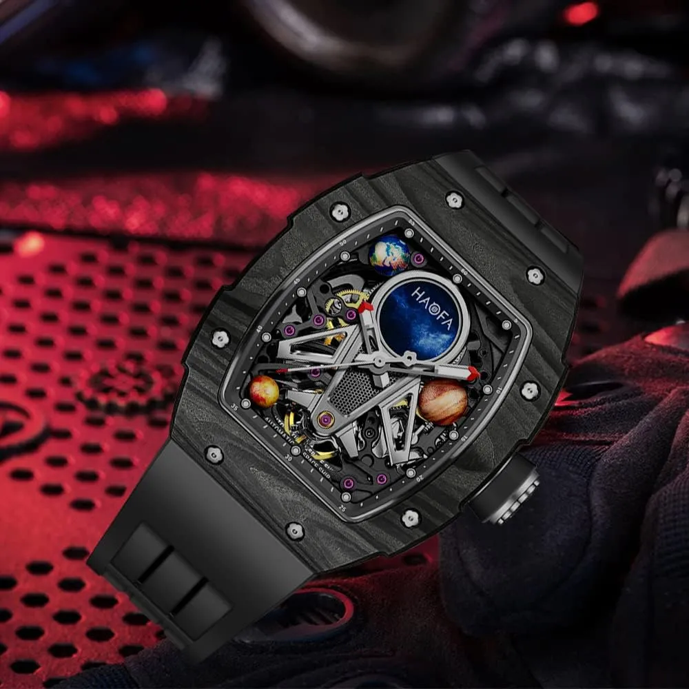 - Business Casual Mens Timepiece 1971 Haofa Automatic Mechanical Watch for Men - 3D Planet Interstellar thorny day Stamford Hollow Design, Carbon Fiber Bezel, Sapphire, Waterproof, Luminous 