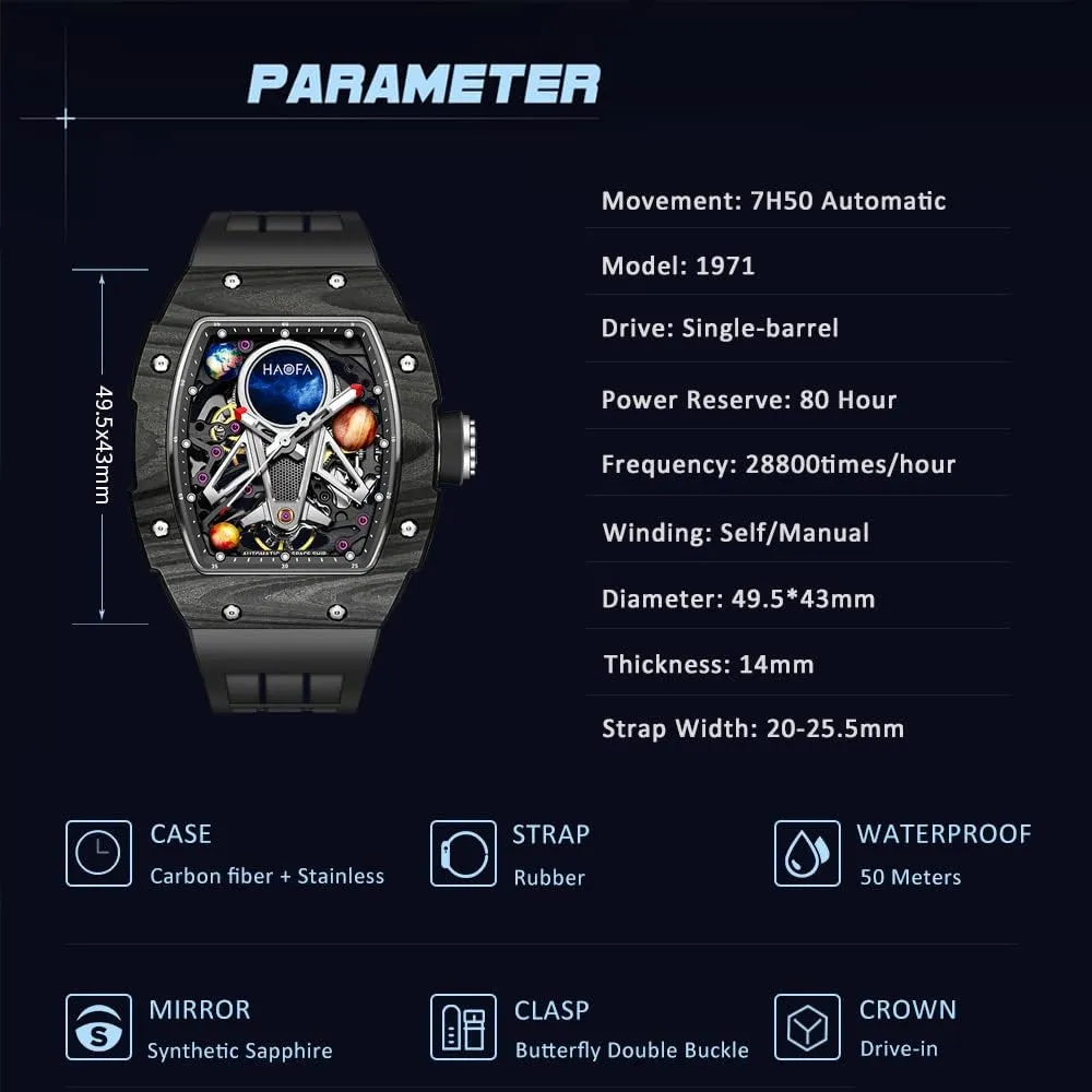 - Business Casual Mens Timepiece 1971 Haofa Automatic Mechanical Watch for Men - 3D Planet Interstellar thorny day Stamford Hollow Design, Carbon Fiber Bezel, Sapphire, Waterproof, Luminous 