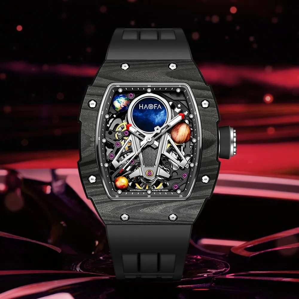 - Business Casual Mens Timepiece 1971 Haofa Automatic Mechanical Watch for Men - 3D Planet Interstellar thorny day Stamford Hollow Design, Carbon Fiber Bezel, Sapphire, Waterproof, Luminous 