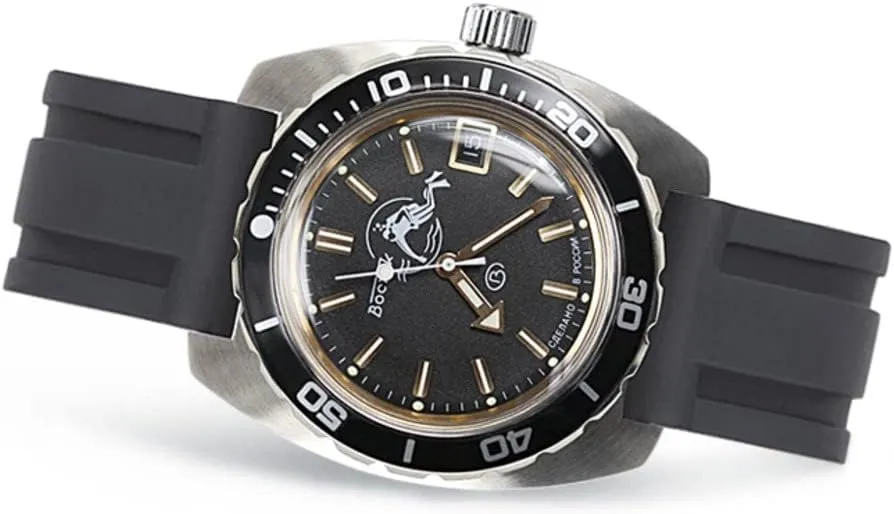 | Fashion | Business | Casual Men's Watches | Model 170805 physiology unwary Black Resin Band VOSTOK | Classic Amphibian Automatic Self-Winding Russian Diver Wrist Watch | WR 200 m 
