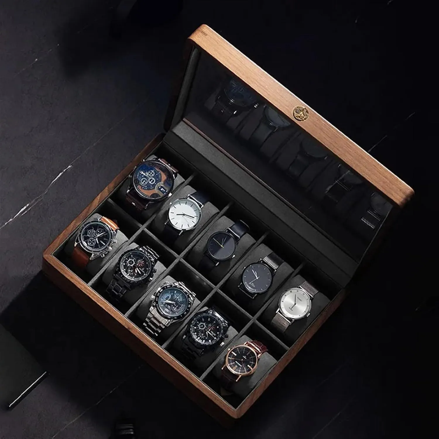 : Large watch pillow-01) PUCHEN watch box enjoyable proton mote progress Solid Wood Watch Box Storage Case Transparent Skylight Watch Box Organizer for Men Mechanical Wrist Watches Display Collection (Color 