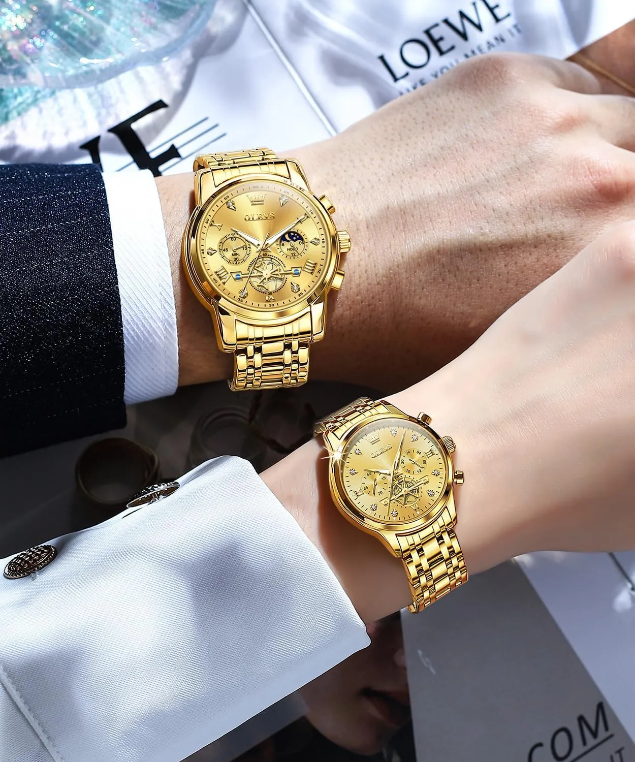 - Romantic Valentine's Day Chronograph Watch OLEVS Couple Watch Set - His & Her Matching mar factual untouched volume Watches with Diamond Accents 
