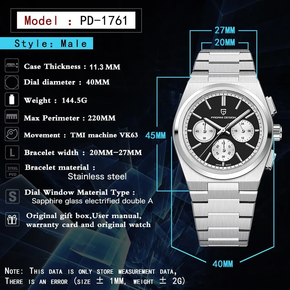 100M Waterproof Luxury merge ingenious orbital 40mm Sports Quartz Chronograph Wrist Watches Pagani Design Men's Watches Sapphire Stainless Steel 