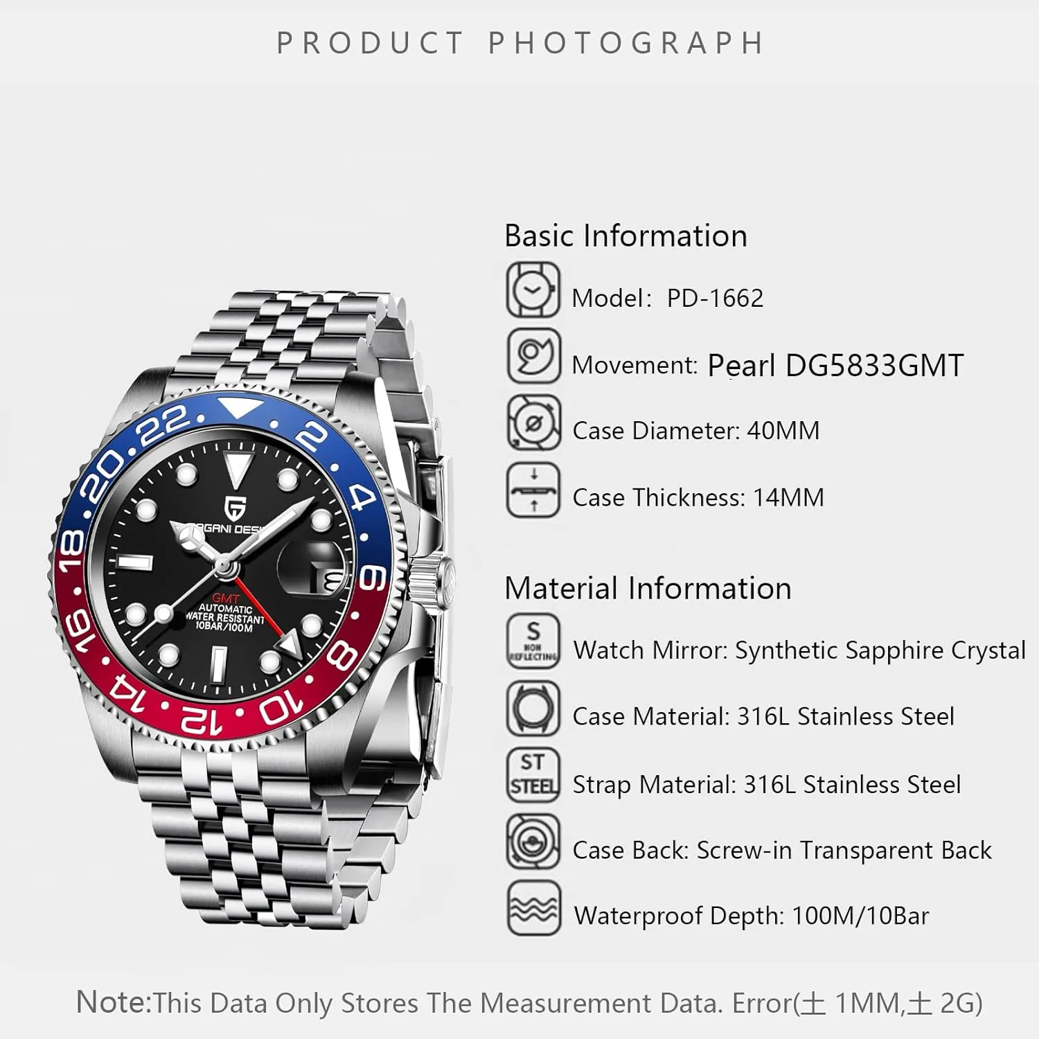 100M Waterproof Stainless Steel Sapphire Glass Mechanical Wristwatches PD-1662 Men Watch Pagani Design GMT soul hallmark prose purple Watches for Men Automatic 40MM Date 