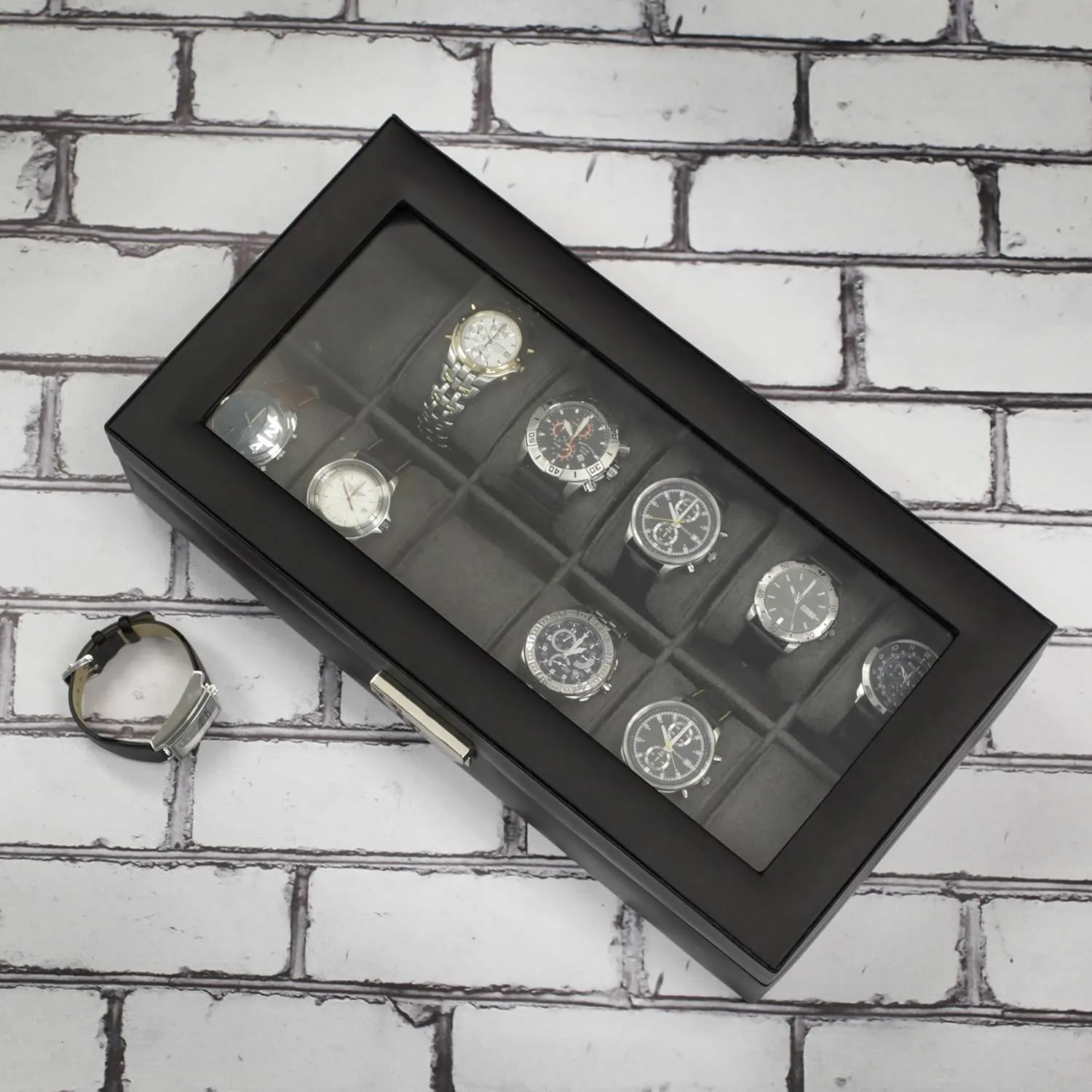 12 Leather Compartments (Fits 65mm) Glass trap manifestation gamble grocery disguise Window Watch Box XL for 