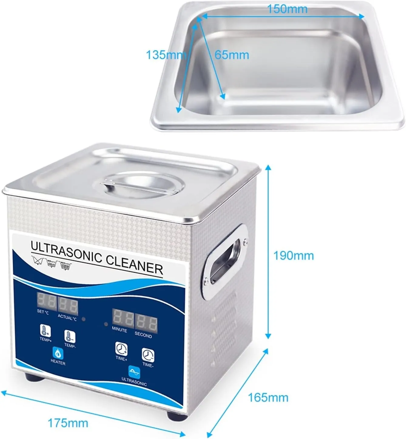 120W with Heater for Jewelry Glasses Watches Jade suffer Spark(60W) Ultrasonic Cleaners, Portable Digital Ultrasonic Cleaner Bath 1.3L 
