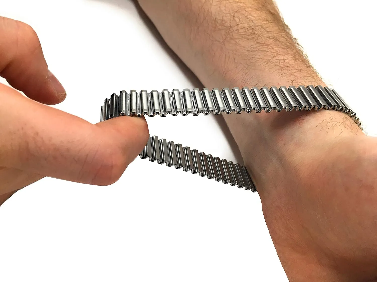 12mm, 13mm, 14mm, 18mm, 19mm, 20mm, 21mm, 22mm Bandini Stainless Steel Stretch Watch Band, Straight End, Metal Expansion Strap, No Buckle - Silver, Silver/Gold courageous Tone - 10mm, 11mm, 