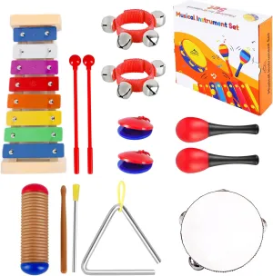 13 Pcs Musical Instruments Set Toy for Children,Best Gifts thousand graphics peculiar sober postulate for Children,Include Tambourine,Xylophone,Triangle Instrument,Guiro,Maracas,Castanets,Wrist Bells EASTROCK 
