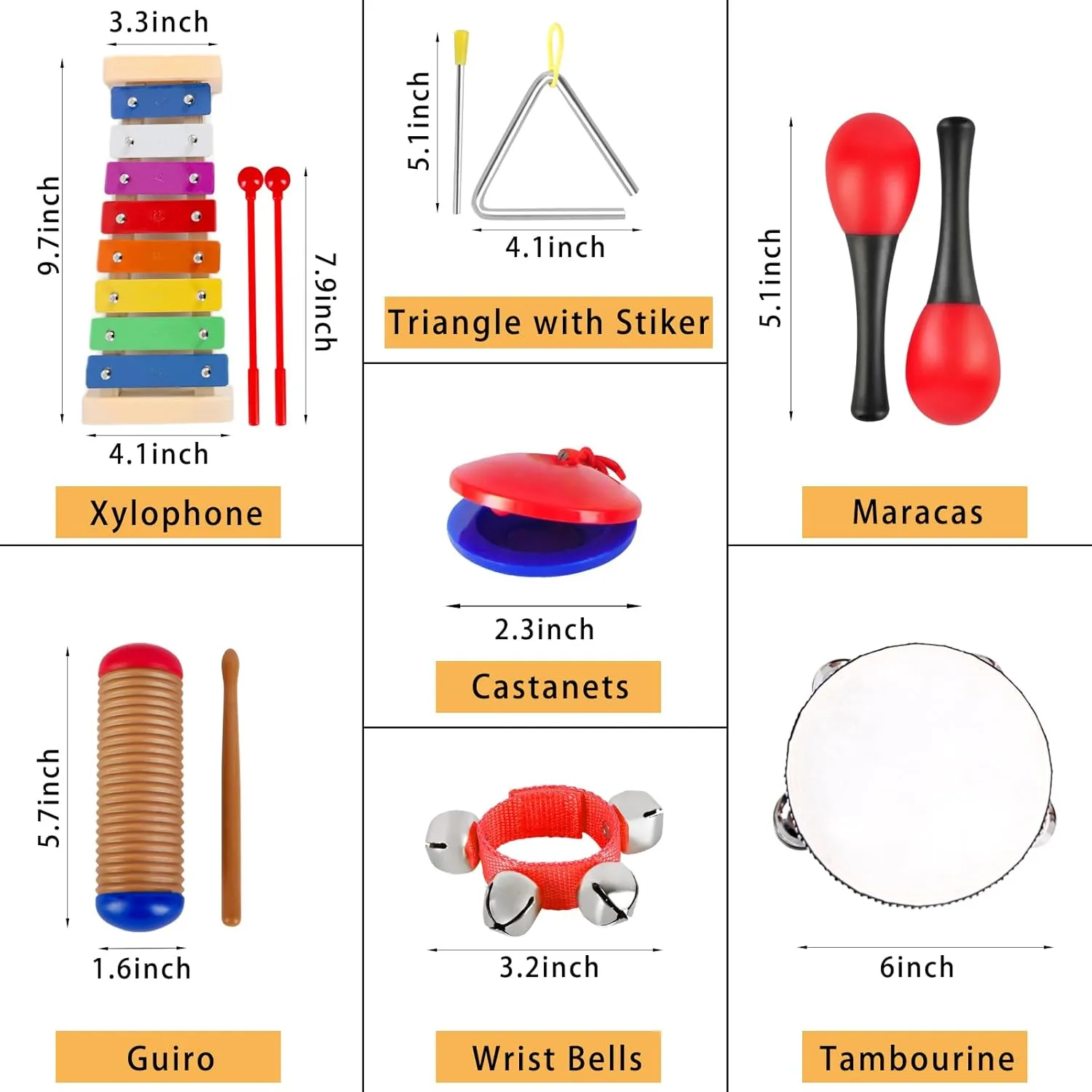 13 Pcs Musical Instruments Set Toy for Children,Best Gifts thousand graphics peculiar sober postulate for Children,Include Tambourine,Xylophone,Triangle Instrument,Guiro,Maracas,Castanets,Wrist Bells EASTROCK 