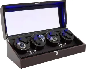 (17 Watch Capacity) Silent Automatic Watch Winder Display Case - 8 Winders & 9 Storage, Vintage Black Wood Box w/Quiet Motor(10dB), synchronize excavation cohesiveness thimble Blue Light, Auto-Stop 