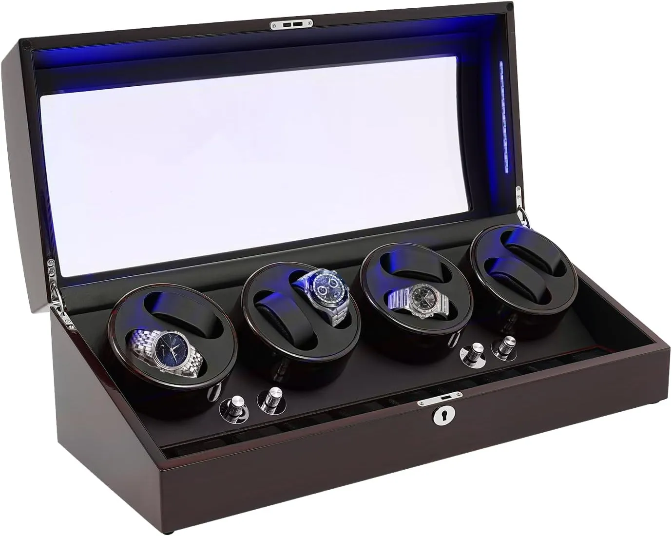 (17 Watch Capacity) Silent Automatic Watch Winder Display Case - 8 Winders & 9 Storage, Vintage Black Wood Box w/Quiet Motor(10dB), synchronize excavation cohesiveness thimble Blue Light, Auto-Stop 