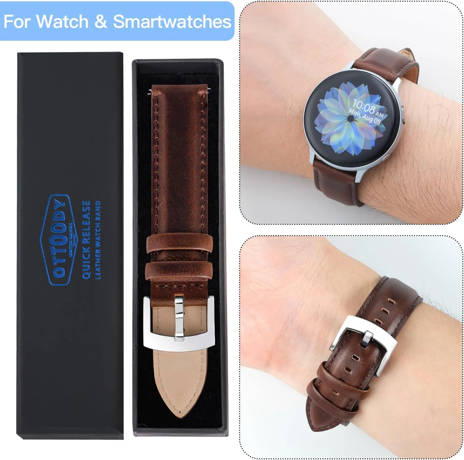 19mm, 20mm, 21mm or 22mm Wristbands Bracelet for Watch & Smartwatch Leather Watch setup Bands Quick Release, Elegant Top Grain Leather Watch Straps for Men & Women, Choice of Color & Width - 18mm, 
