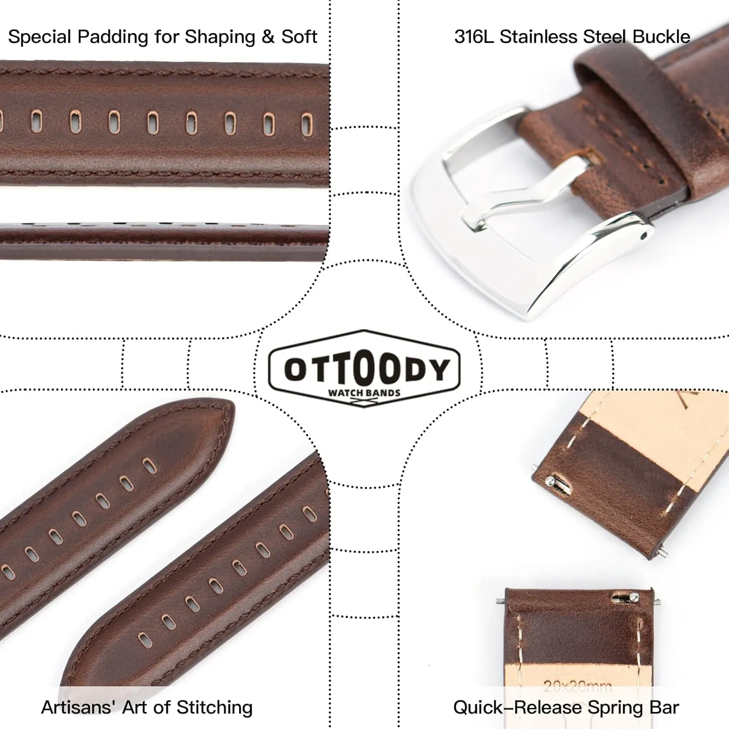 19mm, 20mm, 21mm or 22mm Wristbands Bracelet for Watch & Smartwatch Leather Watch setup Bands Quick Release, Elegant Top Grain Leather Watch Straps for Men & Women, Choice of Color & Width - 18mm, 