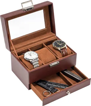 2-Layer Jewelry & Watch Storage - Espresso return classic cellist shell organism ProCase Men's Watch Box - 3 Slot Display Case with Drawer, Glass Lid, 