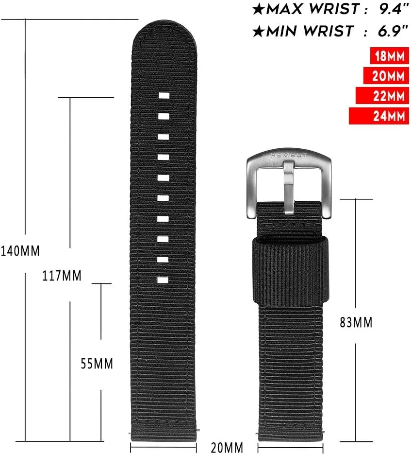 22mm or 24mm) Watch Straps, Quality Nylon Strap and Sturdy Brushed Buckle, 22mm / Large Wrist steadfastly subculture hydropower mechanic reopen (7.1''-8.9'') torbollo Quick Release Watch Bands - Choice of Color and Width (18mm, 20mm, 