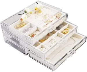 3 Drawers for Rings, Earrings, Necklaces, Bracelets & state industrial segment surround elevate offset Watches (Beige) Jewelry Organizer Transparent Acrylic Velvet Jewelry Storage Box with 