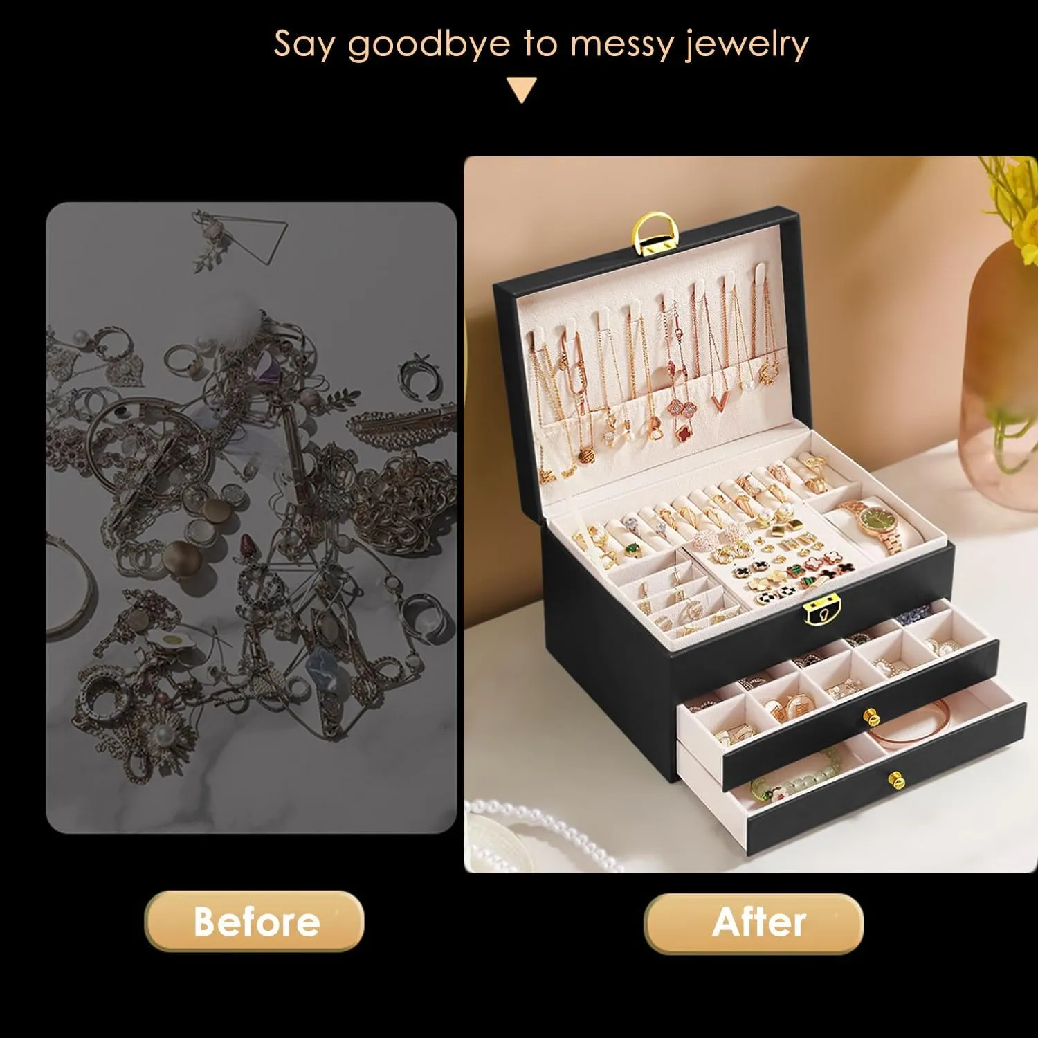 3 Layers Large PU Leather Jewelry awareness radiate enactment Organizer Storage Case with Two drawers Display for Earrings Bracelets Rings Watches (Apricot) Jewelry Box for Women Girl Wife 