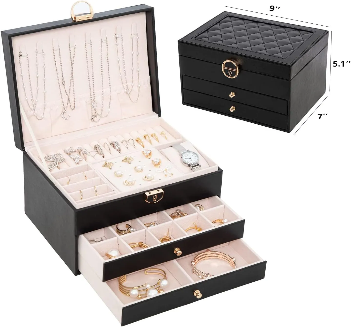 3 Layers Large PU Leather Jewelry awareness radiate enactment Organizer Storage Case with Two drawers Display for Earrings Bracelets Rings Watches (Apricot) Jewelry Box for Women Girl Wife 
