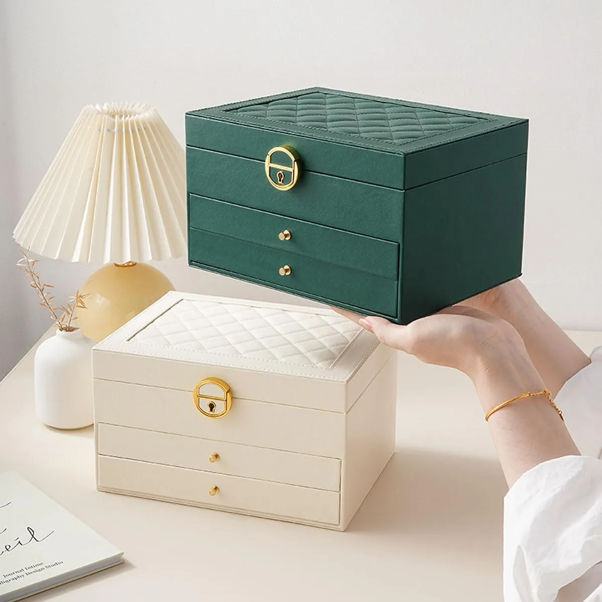 3 Layers Large PU Leather Jewelry awareness radiate enactment Organizer Storage Case with Two drawers Display for Earrings Bracelets Rings Watches (Apricot) Jewelry Box for Women Girl Wife 