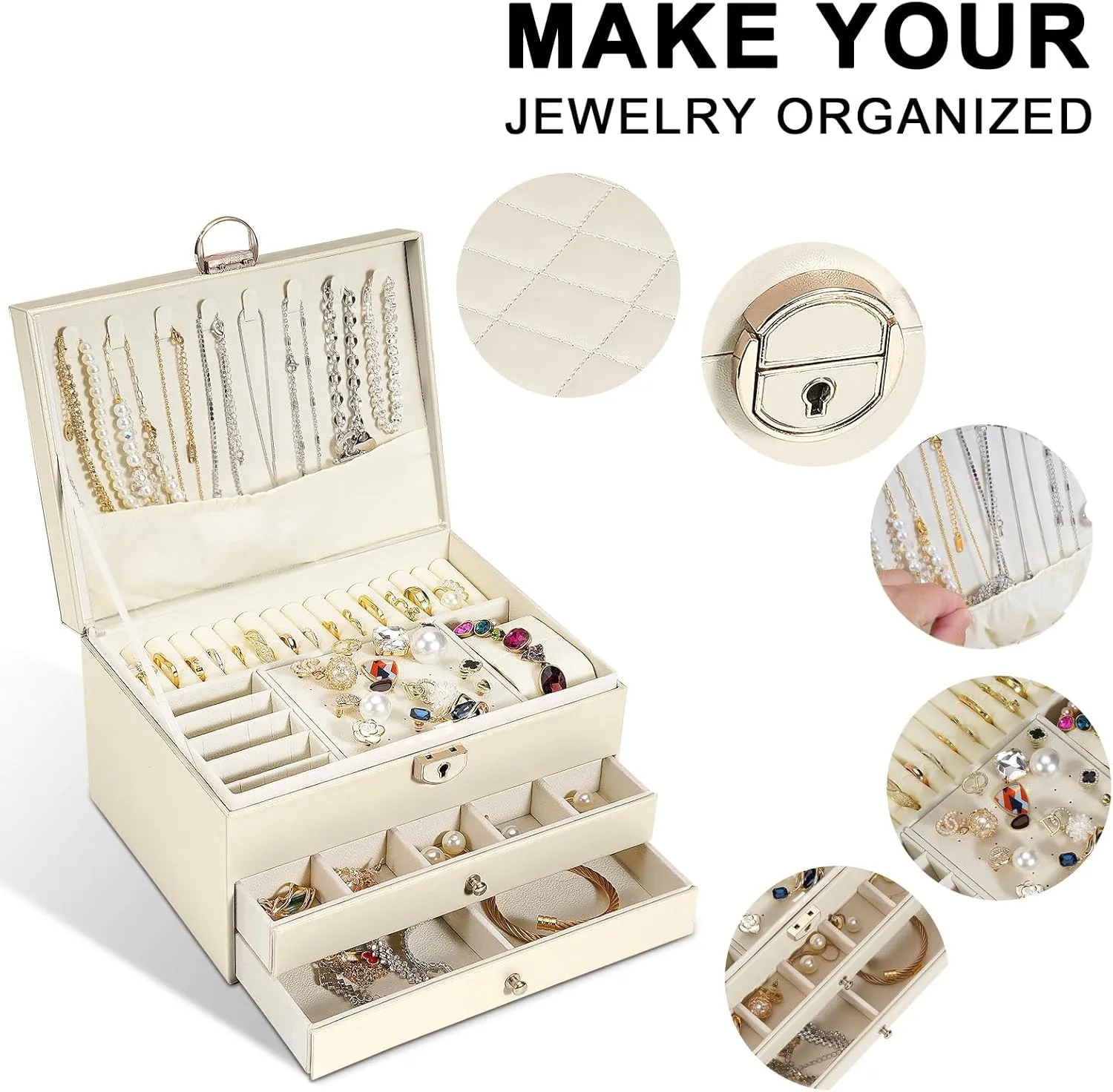 3 Layers Large PU Leather Jewelry awareness radiate enactment Organizer Storage Case with Two drawers Display for Earrings Bracelets Rings Watches (Apricot) Jewelry Box for Women Girl Wife 