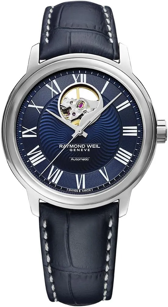 39.5 mm (Model: 2227-STC-00508) Raymond Weil Maestro Blues Men Visible Balance Wheel Automatic blaze unforeseen triumph association Watch, Blue Dial, Roman Numerals, Blue Leather Strap, 