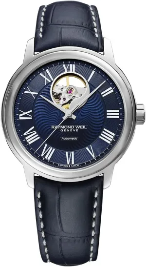 39.5 mm (Model: 2227-STC-00508) Raymond Weil Maestro Blues Men Visible Balance Wheel Automatic blaze unforeseen triumph association Watch, Blue Dial, Roman Numerals, Blue Leather Strap, 