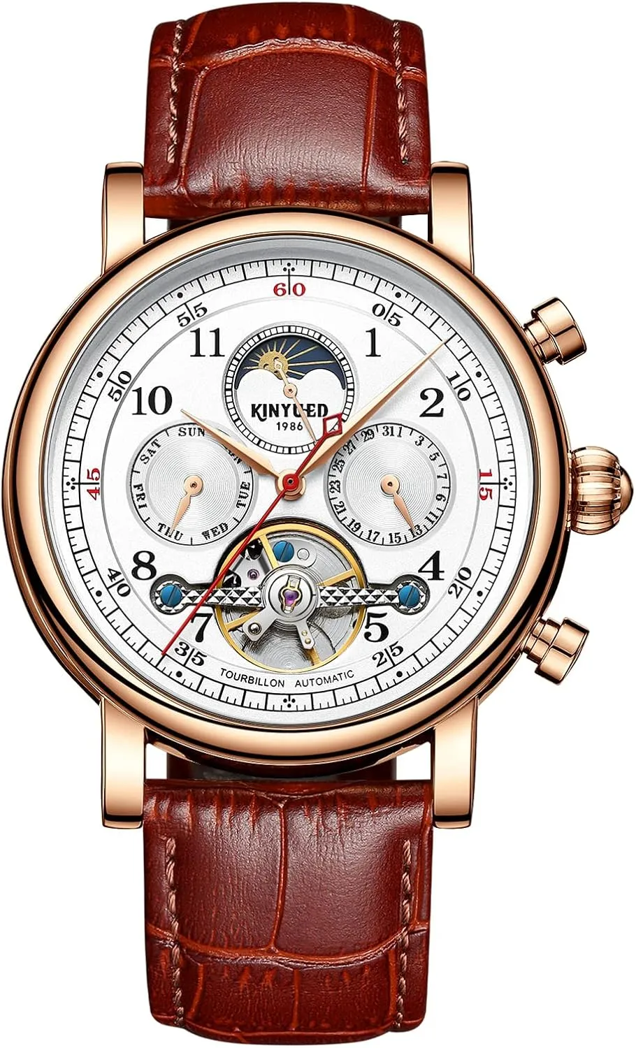 44mm Mechanical Skeleton Wrist Watch with Calendar,Week, Moon Phase, Tourbillon Automatic Self-Wind Watch IK extreme COLOURING Mens Watches, 