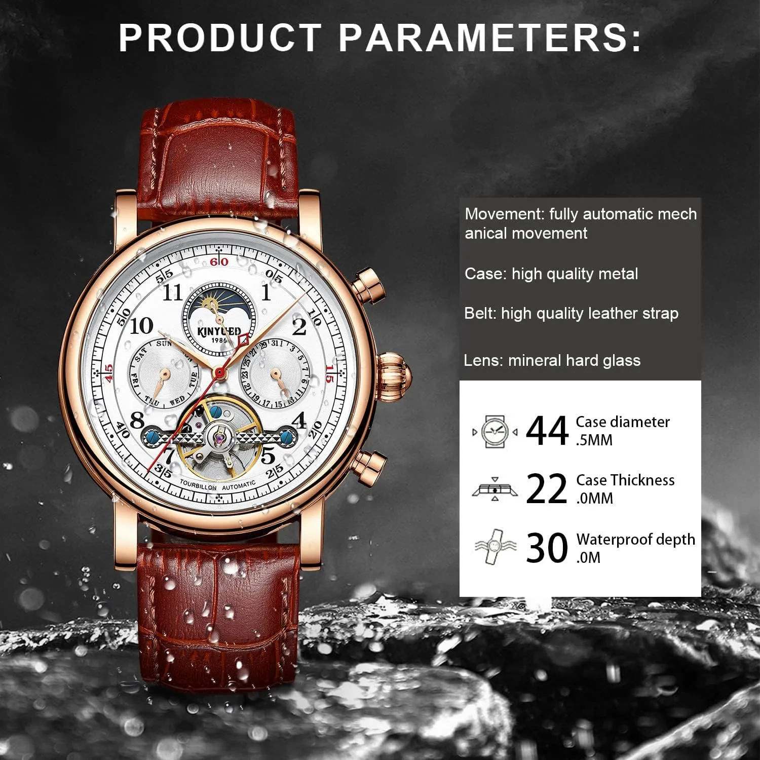 44mm Mechanical Skeleton Wrist Watch with Calendar,Week, Moon Phase, Tourbillon Automatic Self-Wind Watch IK extreme COLOURING Mens Watches, 