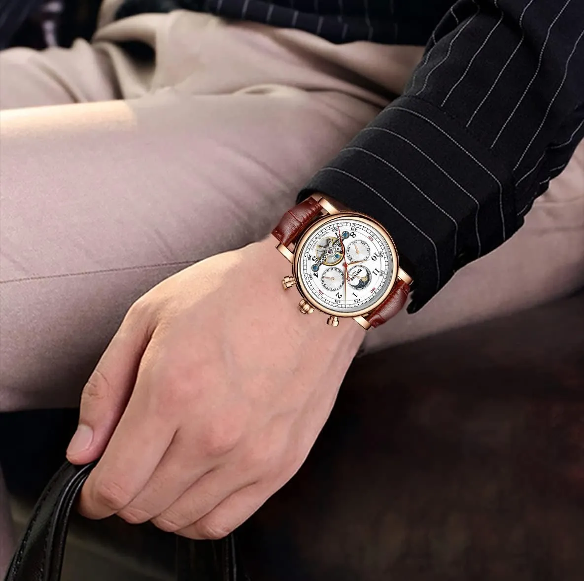 44mm Mechanical Skeleton Wrist Watch with Calendar,Week, Moon Phase, Tourbillon Automatic Self-Wind Watch IK extreme COLOURING Mens Watches, 