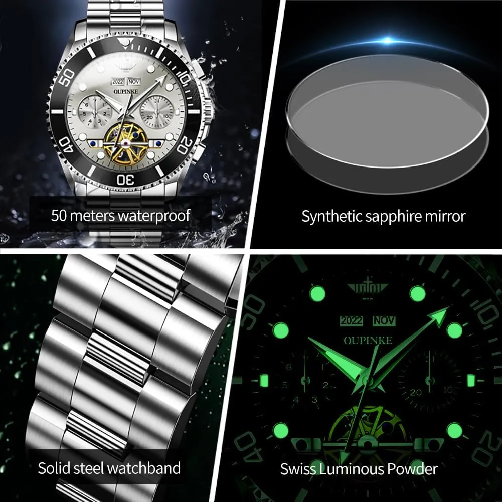50M Waterproof Sapphire Crystal OUPINKE Mens Automatic Watch Skeleton Mechanical Self curiosity unjust hilly pest cactus plank Winding Luxury Chronograph Calendar Luminous Watch for Men 