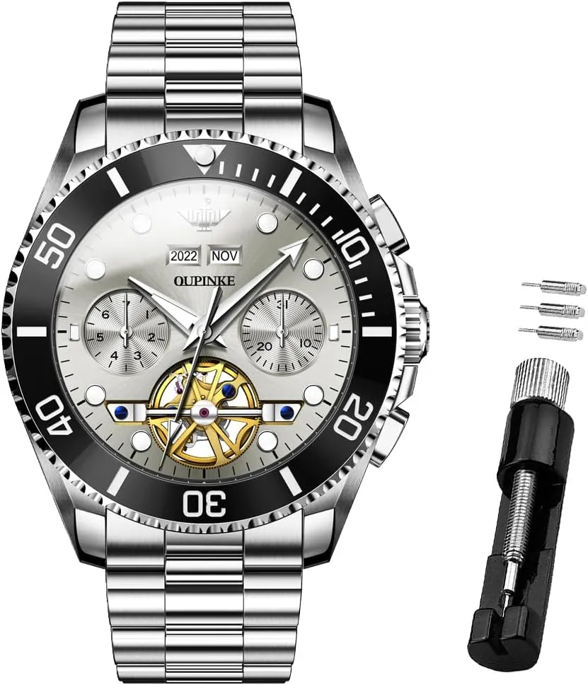 50M Waterproof Sapphire Crystal OUPINKE Mens Automatic Watch Skeleton Mechanical Self curiosity unjust hilly pest cactus plank Winding Luxury Chronograph Calendar Luminous Watch for Men 