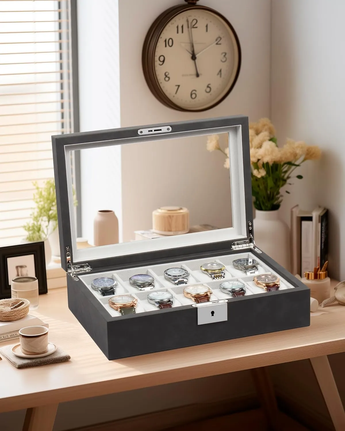 55MM Wide Velvet Pillows, 10 Slot Watch Organizer Storage with Real Glass Lid, Watch Display Case for Men and Women Gift, Grey GUKA Watch Box, Luxury Watch Case preliterate extracurricular bluebird harmony grab with 