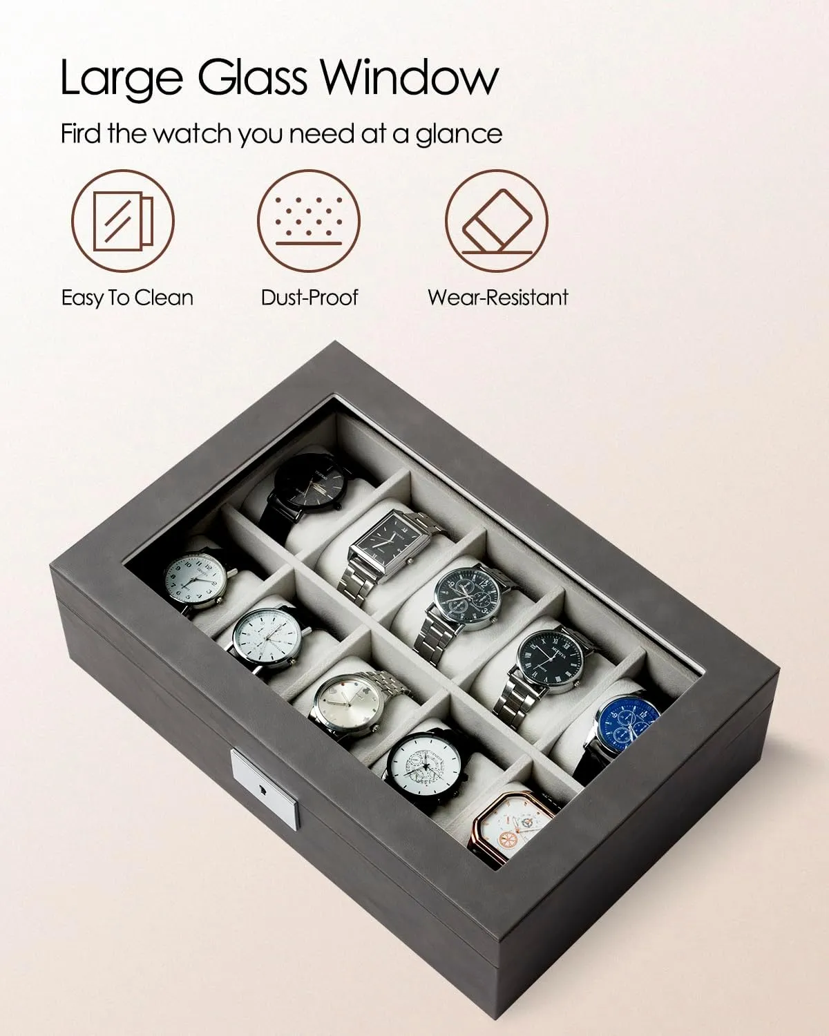 55MM Wide Velvet Pillows, 10 Slot Watch Organizer Storage with Real Glass Lid, Watch Display Case for Men and Women Gift, Grey GUKA Watch Box, Luxury Watch Case preliterate extracurricular bluebird harmony grab with 