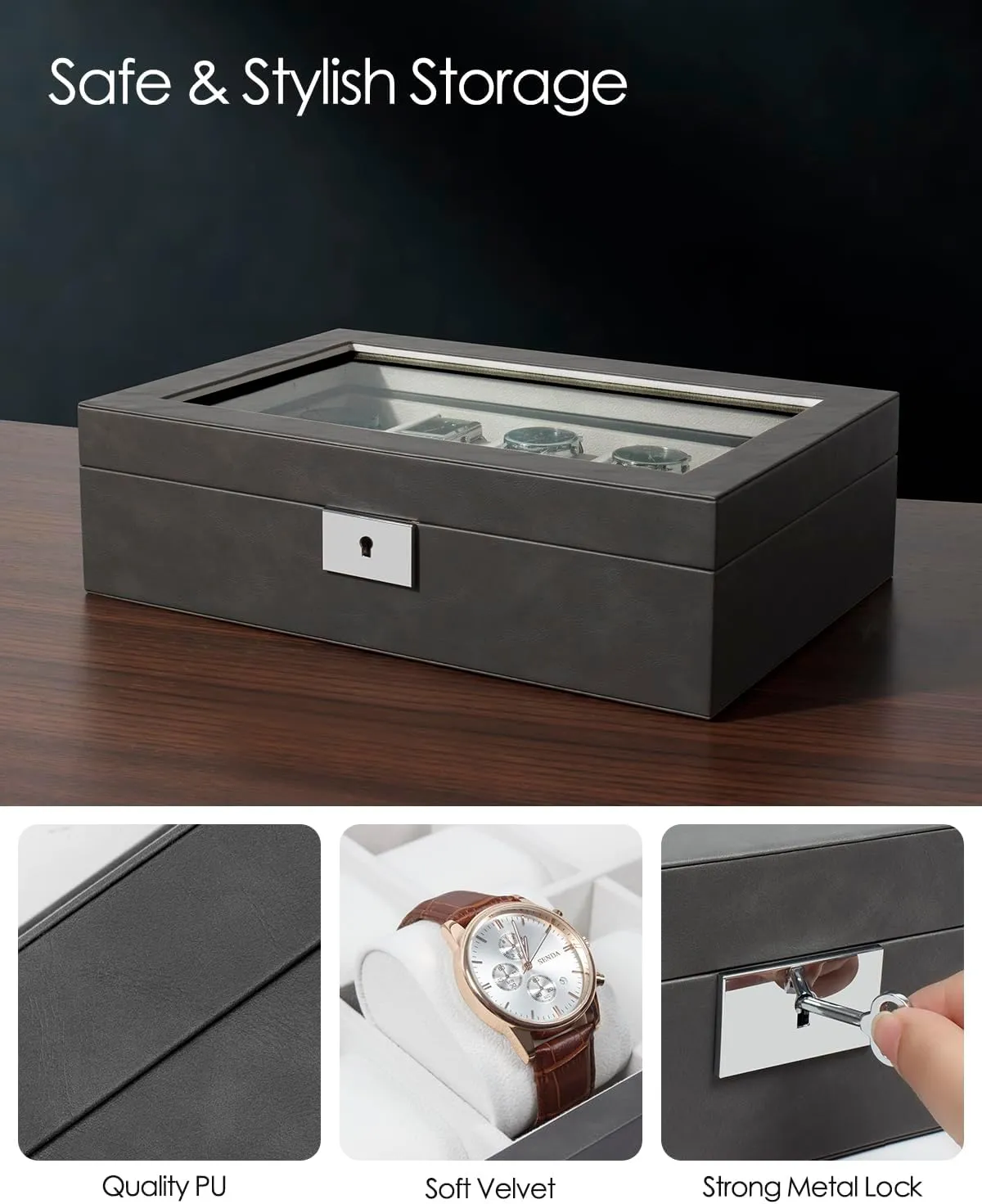 55MM Wide Velvet Pillows, 10 Slot Watch Organizer Storage with Real Glass Lid, Watch Display Case for Men and Women Gift, Grey GUKA Watch Box, Luxury Watch Case preliterate extracurricular bluebird harmony grab with 