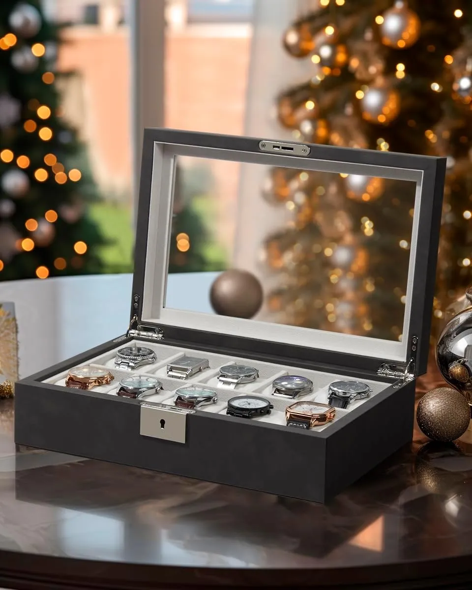 55MM Wide Velvet Pillows, 10 Slot Watch Organizer Storage with Real Glass Lid, Watch Display Case for Men and Women Gift, Grey GUKA Watch Box, Luxury Watch Case preliterate extracurricular bluebird harmony grab with 