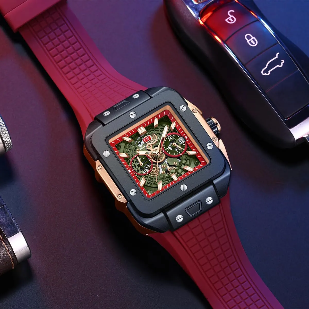 afflict clinic (Chronograph/Waterproof/Luminous/Calendar) Silicon Band Watch for Men MF MINI FOCUS Men Watches Fashion Square Wrist Watches 