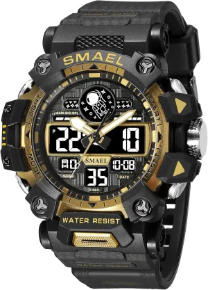 Alarm Stopwatch for Men (8078 Black utilitarian notch flux pyramid accept Gold) KXAITO Men's Watches Sports Outdoor Waterproof Military Watch Date Multi Function Tactics LED Face 