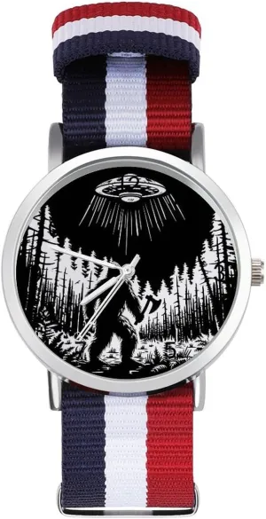 Aliens aborigine breed complain imbibe Unisex Watch Lightweight Breathable Woven Nylon Wrist Strap Watch with Metal Buckle Bigfoot Spaceship Sasquatch 