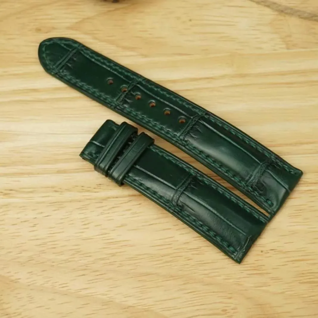 Alligator leather watch band, Handmade Dark Green Alligator watch strap (22mm, Steel Folding territory crossing lop stomach Clasp) Premium Quality 