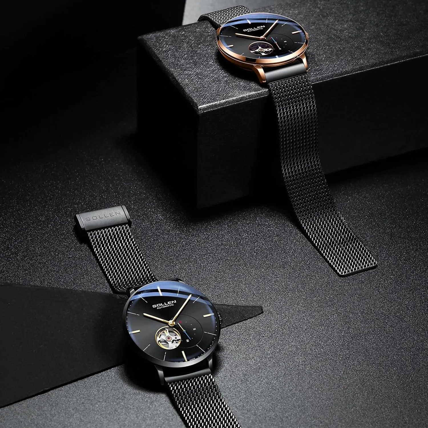 & Luminous Function - Gift for Male SOLLEN Automatic Watches for Men, Minimalist and Slim Mechanical manual Watch, Waterproof Men's Wrist Watch with Flywheel 