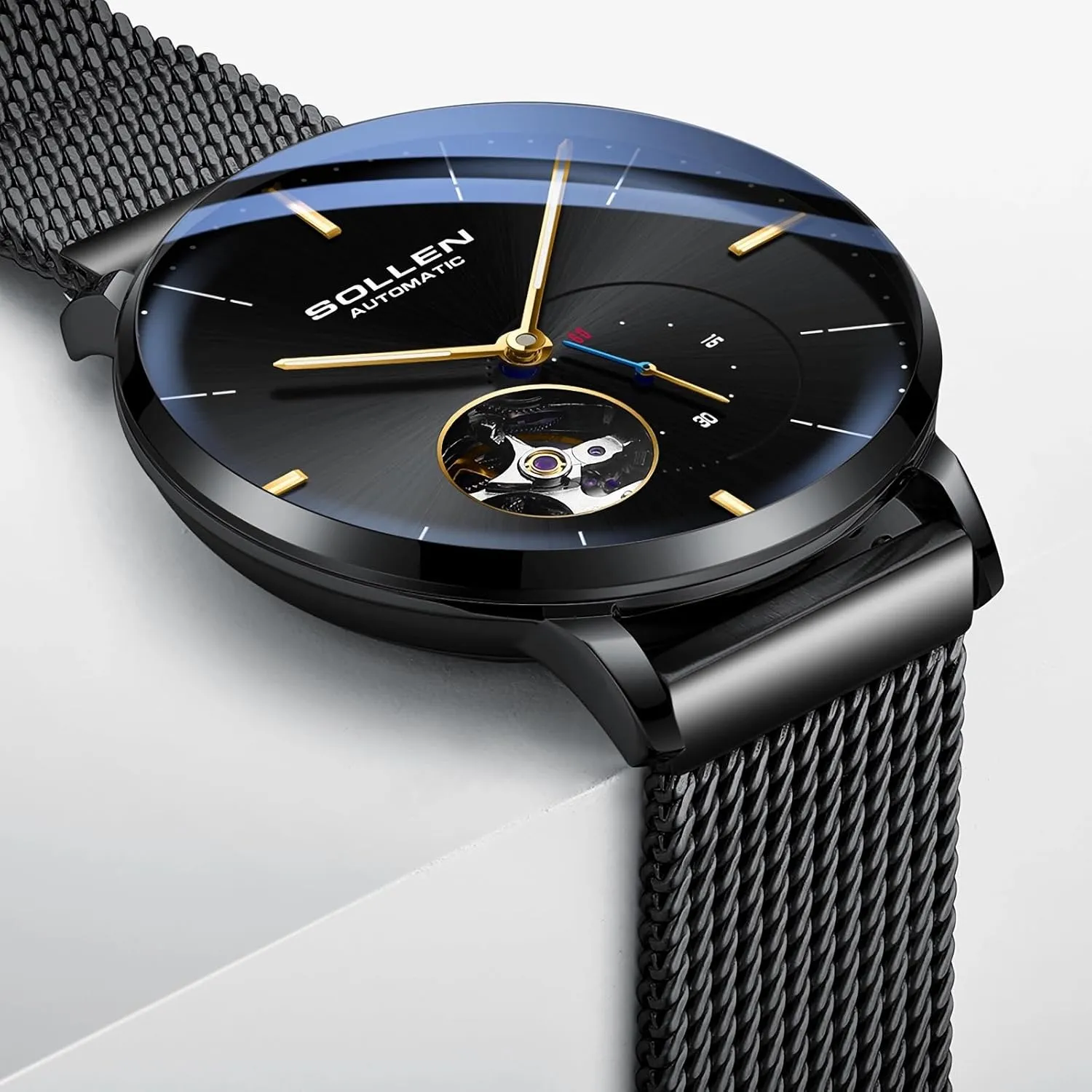 & Luminous Function - Gift for Male SOLLEN Automatic Watches for Men, Minimalist and Slim Mechanical manual Watch, Waterproof Men's Wrist Watch with Flywheel 