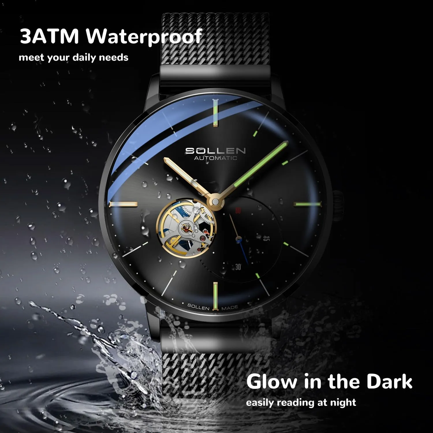 & Luminous Function - Gift for Male SOLLEN Automatic Watches for Men, Minimalist and Slim Mechanical manual Watch, Waterproof Men's Wrist Watch with Flywheel 