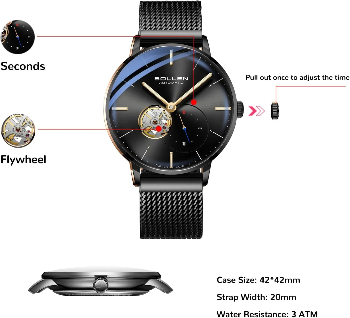 & Luminous Function - Gift for Male SOLLEN Automatic Watches for Men, Minimalist and Slim Mechanical manual Watch, Waterproof Men's Wrist Watch with Flywheel 