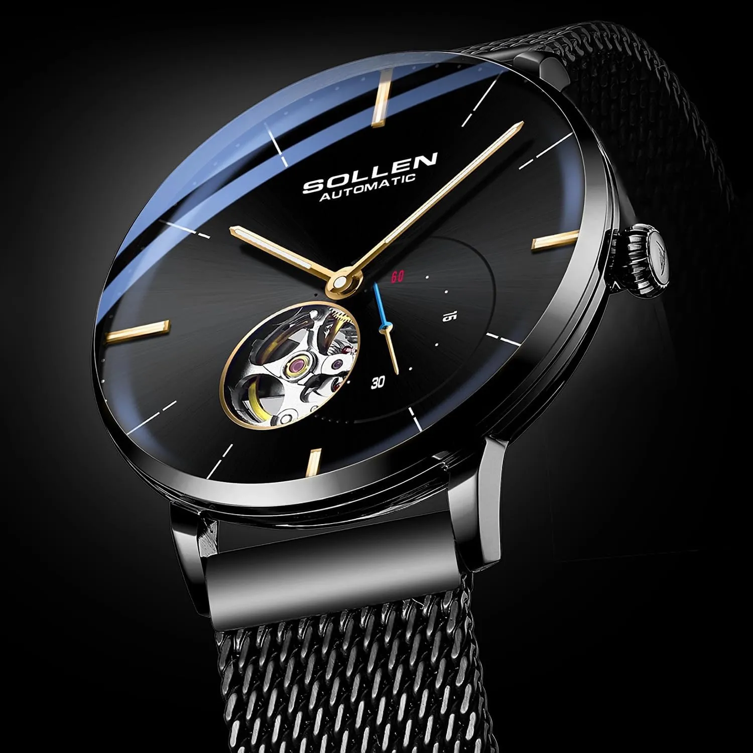 & Luminous Function - Gift for Male SOLLEN Automatic Watches for Men, Minimalist and Slim Mechanical manual Watch, Waterproof Men's Wrist Watch with Flywheel 