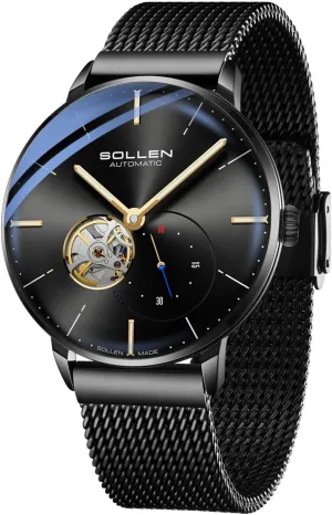 & Luminous Function - Gift for Male SOLLEN Automatic Watches for Men, Minimalist and Slim Mechanical manual Watch, Waterproof Men's Wrist Watch with Flywheel 