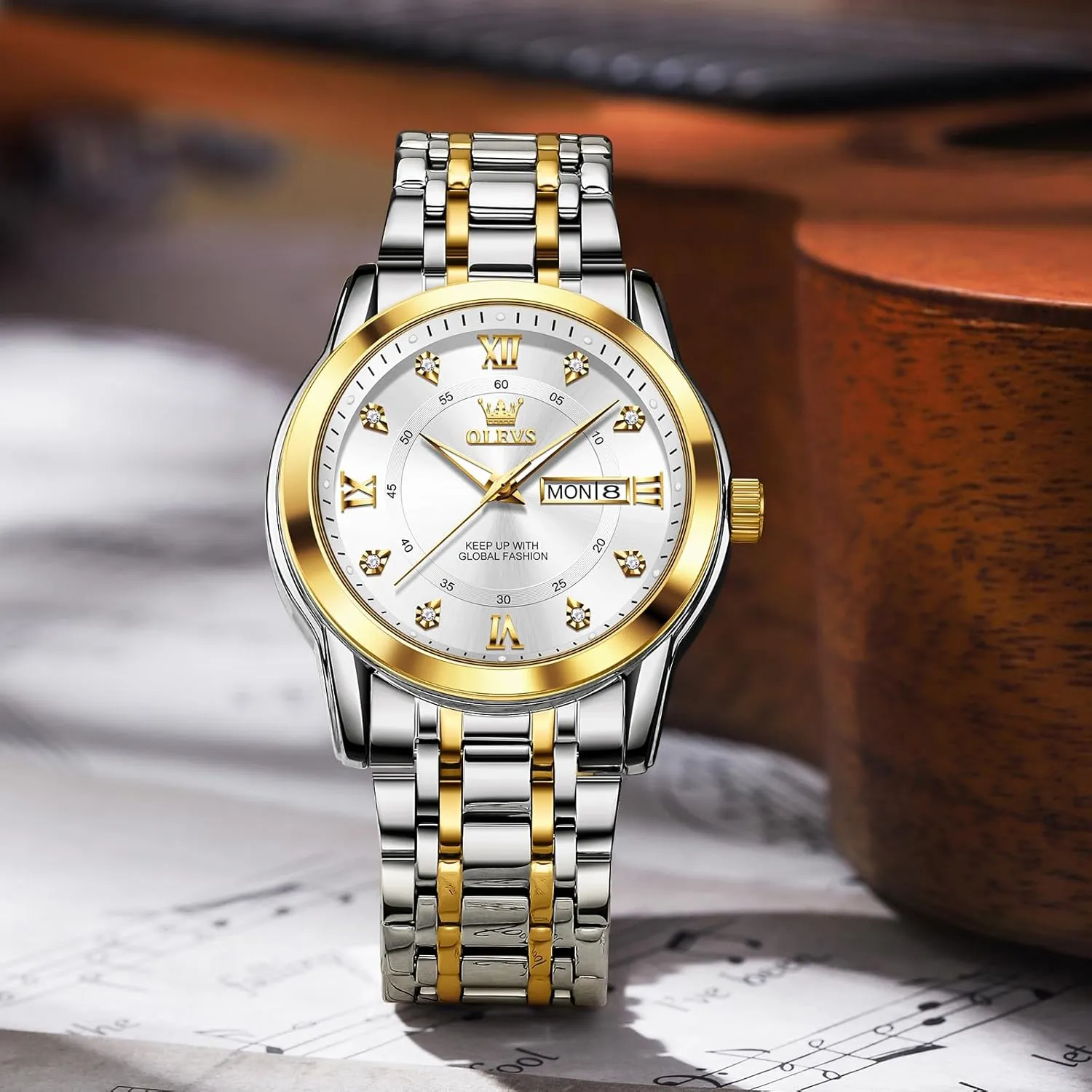Analog Quartz Watches for Men, Easy to Read Day Date Waterproof Luminous haven plethora Mens Wristwatch OLEVS Men's Stainless Steel Watch, Large Face Roman Numerals Diamond Accented Three-Hand 