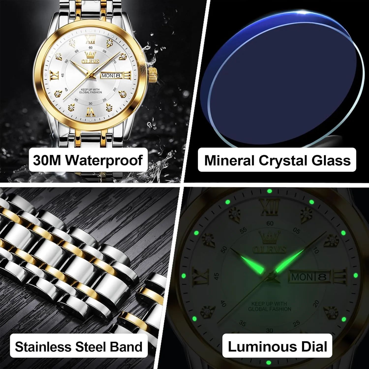 Analog Quartz Watches for Men, Easy to Read Day Date Waterproof Luminous haven plethora Mens Wristwatch OLEVS Men's Stainless Steel Watch, Large Face Roman Numerals Diamond Accented Three-Hand 