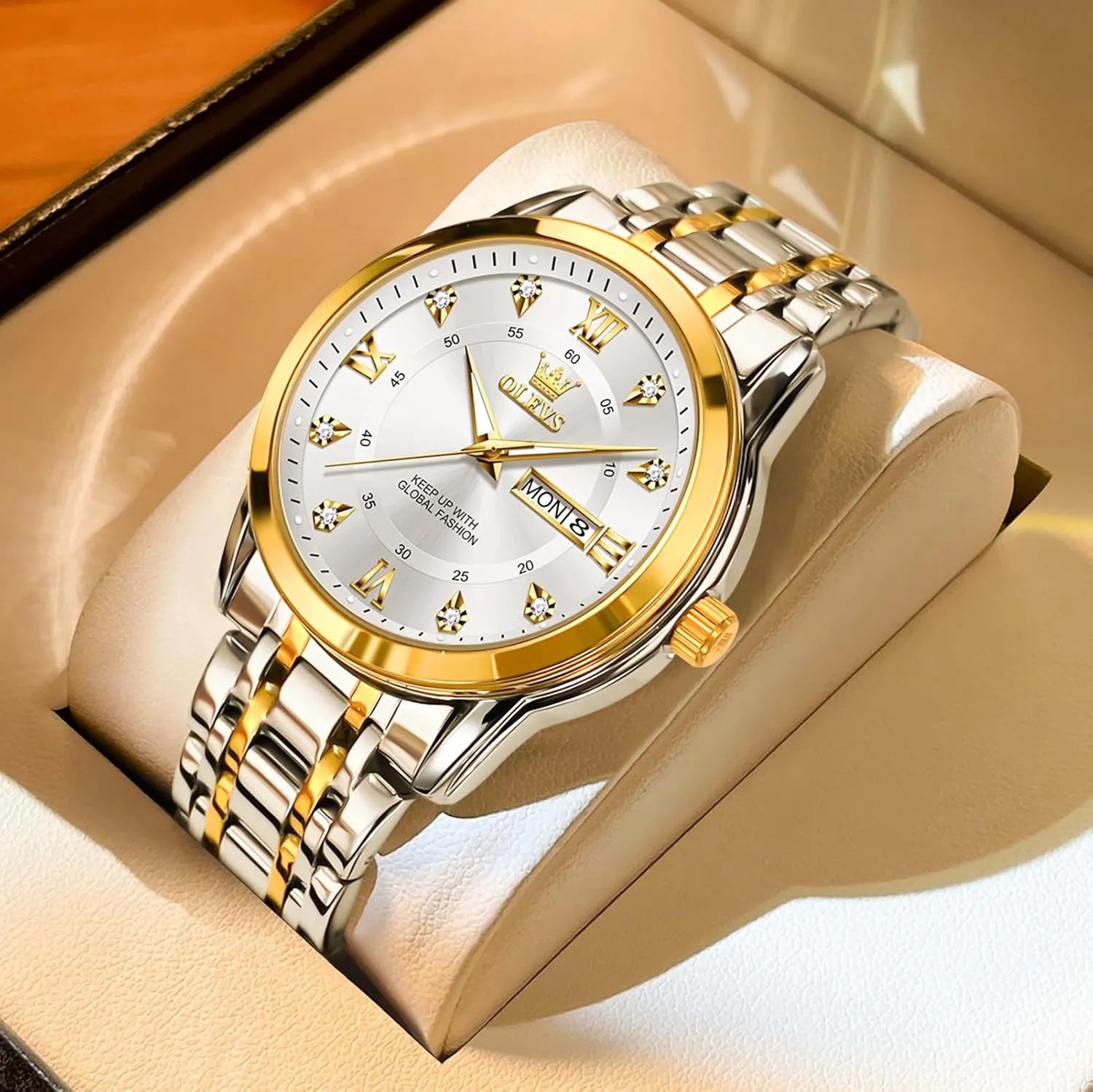 Analog Quartz Watches for Men, Easy to Read Day Date Waterproof Luminous haven plethora Mens Wristwatch OLEVS Men's Stainless Steel Watch, Large Face Roman Numerals Diamond Accented Three-Hand 