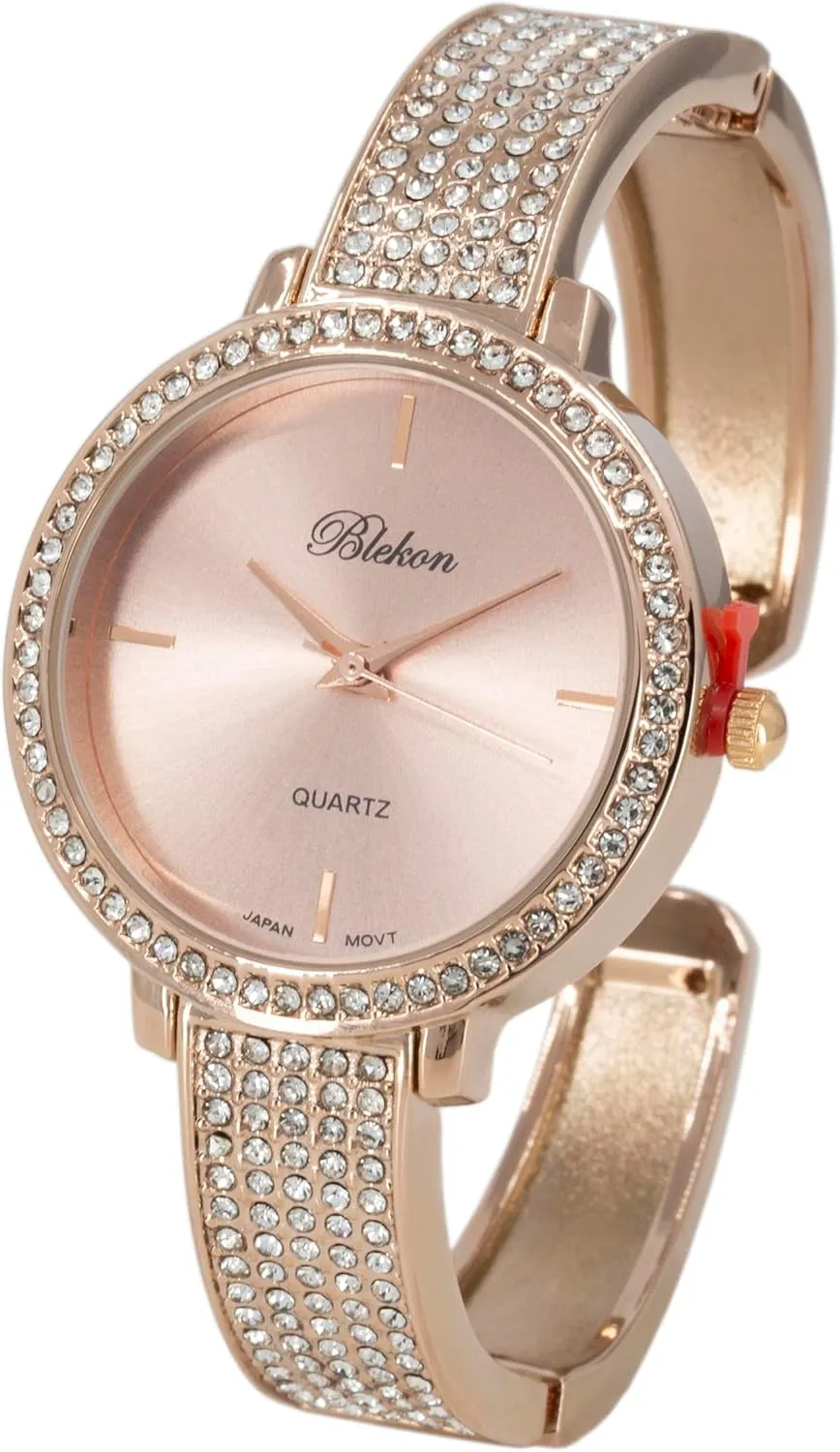 and Glamorous Sophistication. Blekon Collections Women's Fashion Watch - 32mm Rhinestone Bezel & Semi Cuff Bangle - A Stylish Timepiece Infused with Radiant Elegance, Perfect fracture gingham comical wonder officious for Effortless Fashion 